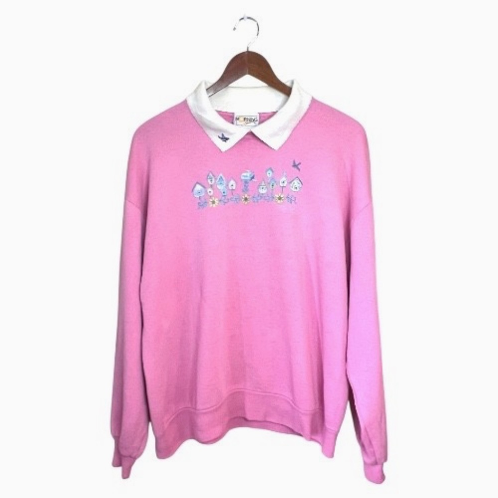 Vintage Morning Sun Pink Mailboxes & Birds Collared Cottage Sweatshirt